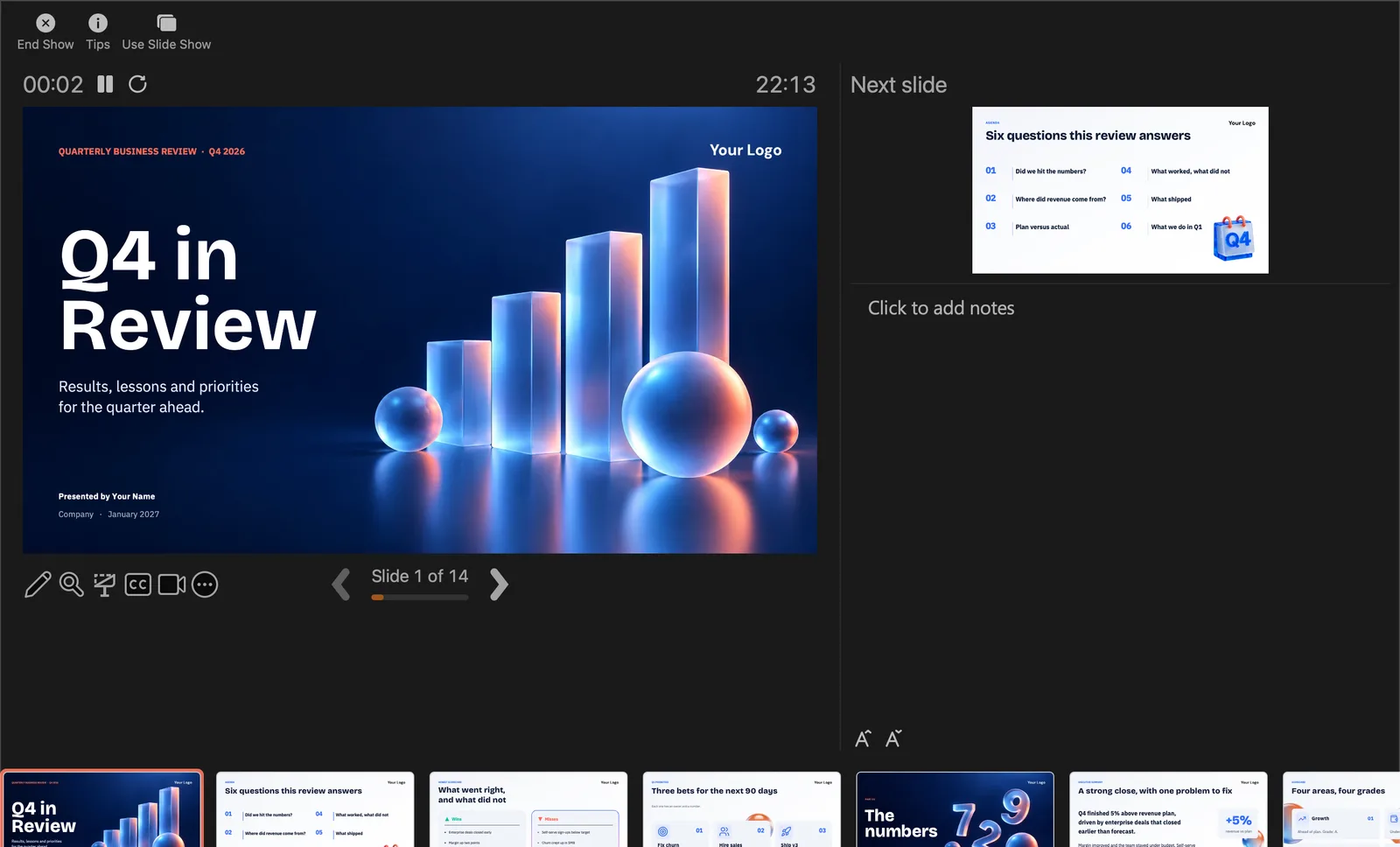PowerPoint Presenter View on Mac: a timer, the current slide, the next slide, the notes area, pen and pointer tools and a strip of slide thumbnails along the bottom