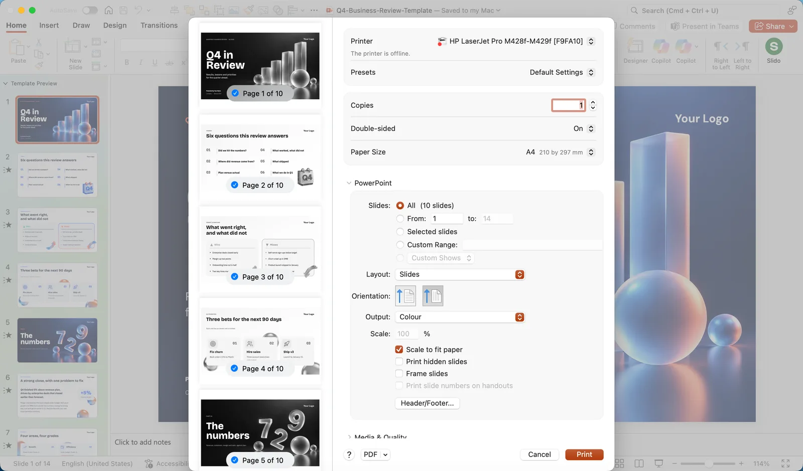 The Print dialog in PowerPoint for Mac with a preview of the slides, the printer, copies, paper size, the Layout menu set to Slides, orientation and the Scale to fit paper option