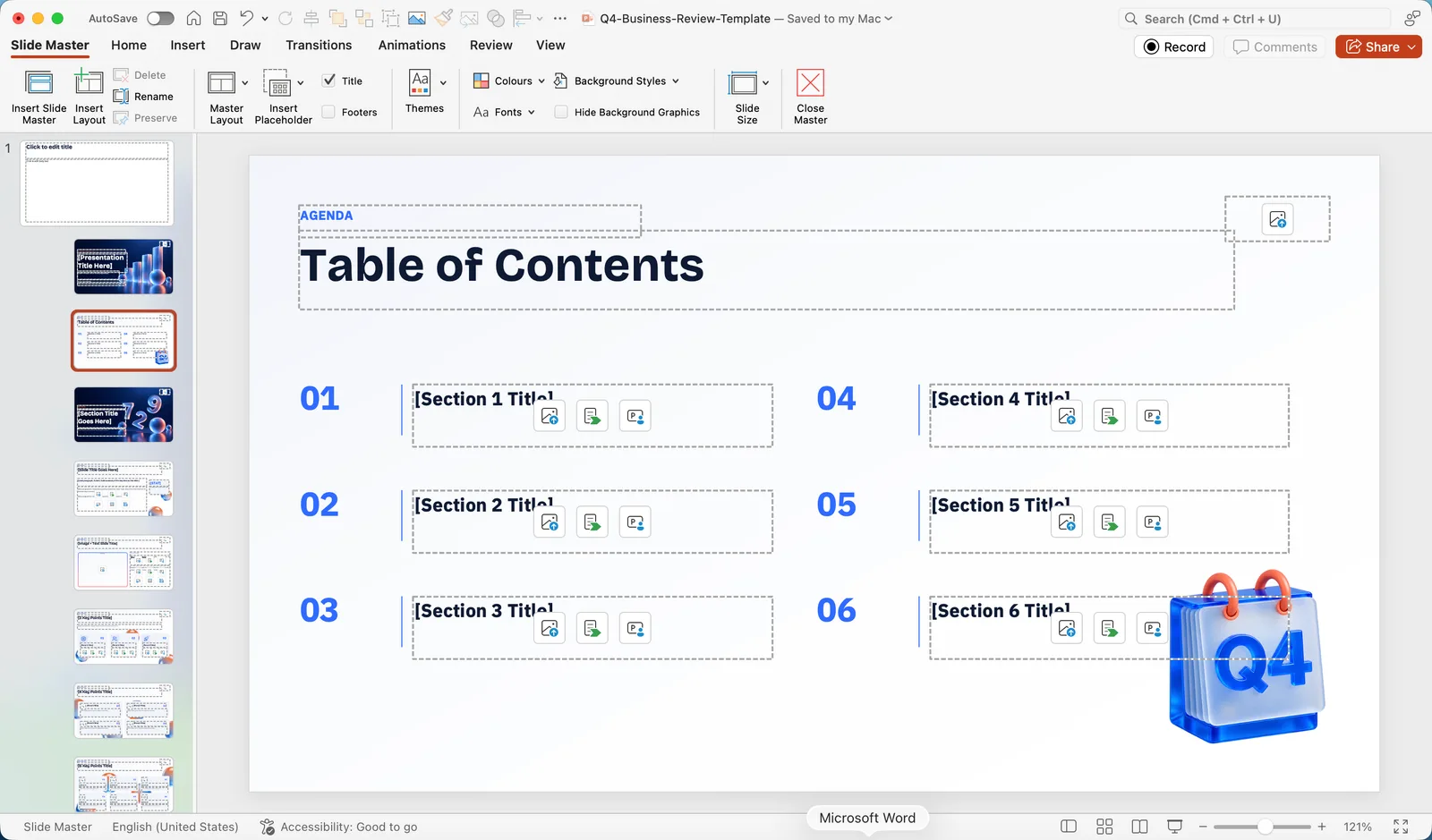 PowerPoint Slide Master view with the master and its layouts in the left pane and the Table of Contents layout open, showing placeholders for six section titles