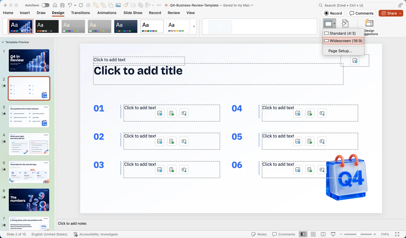 The Slide Size menu on the Design tab in PowerPoint for Mac, with Standard 4:3, Widescreen 16:9 and Page Setup