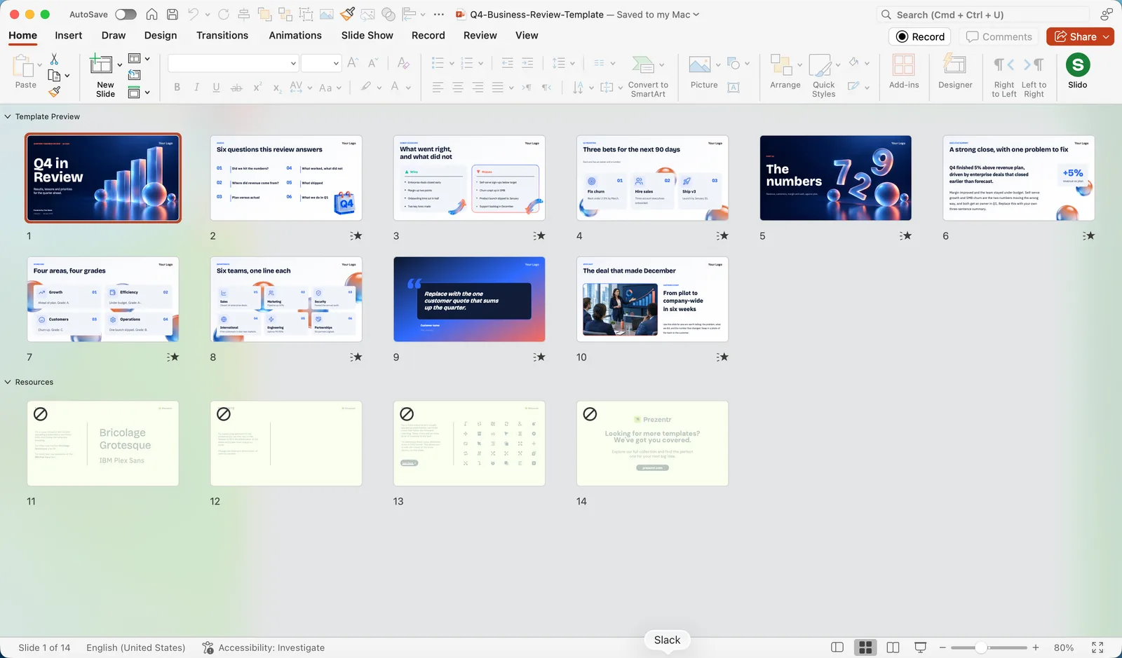 PowerPoint Slide Sorter view showing all fourteen slides of the deck as a grid of thumbnails