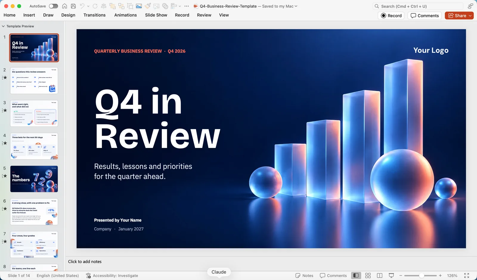 PowerPoint for Mac in Normal view with the Home tab of the ribbon, slide thumbnails on the left, the title slide of the Q4 Business Review template in the middle and the notes pane below